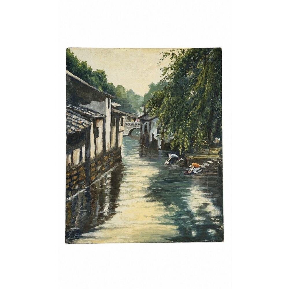 Original Oil Painting Canal Village Landscape Water Scene Signed Canvas 16x20